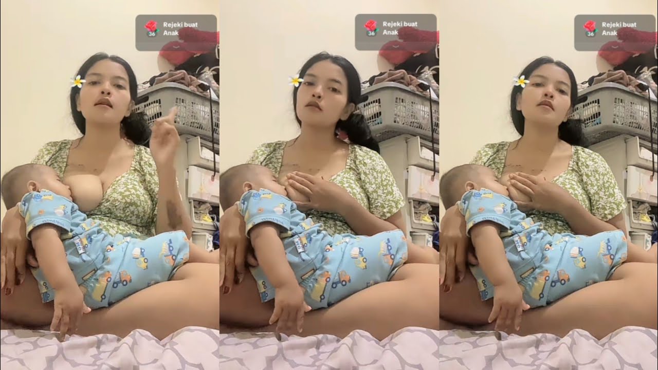 Bunda cantik live malam menyusui anaknya di tempat tidur