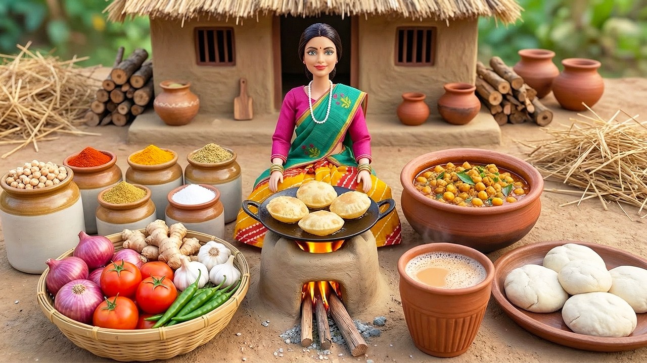 Miniature Doll Puri & Chana Masala with Milk Tea Cooking ASMR | Indian Village Tiny Kitchen Story