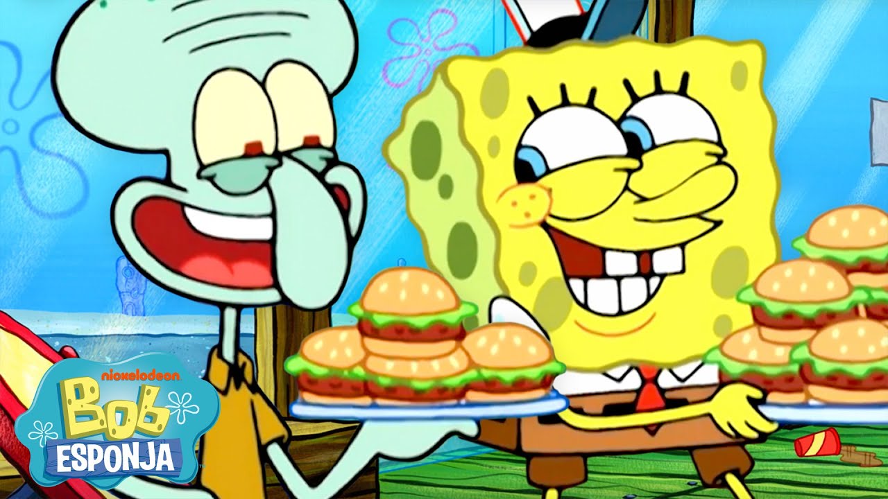 Bob Esponja | 1 hora con Calamardo en el Crustáceo Cascarudo 🐙🍔 | Bob Esponja en Español