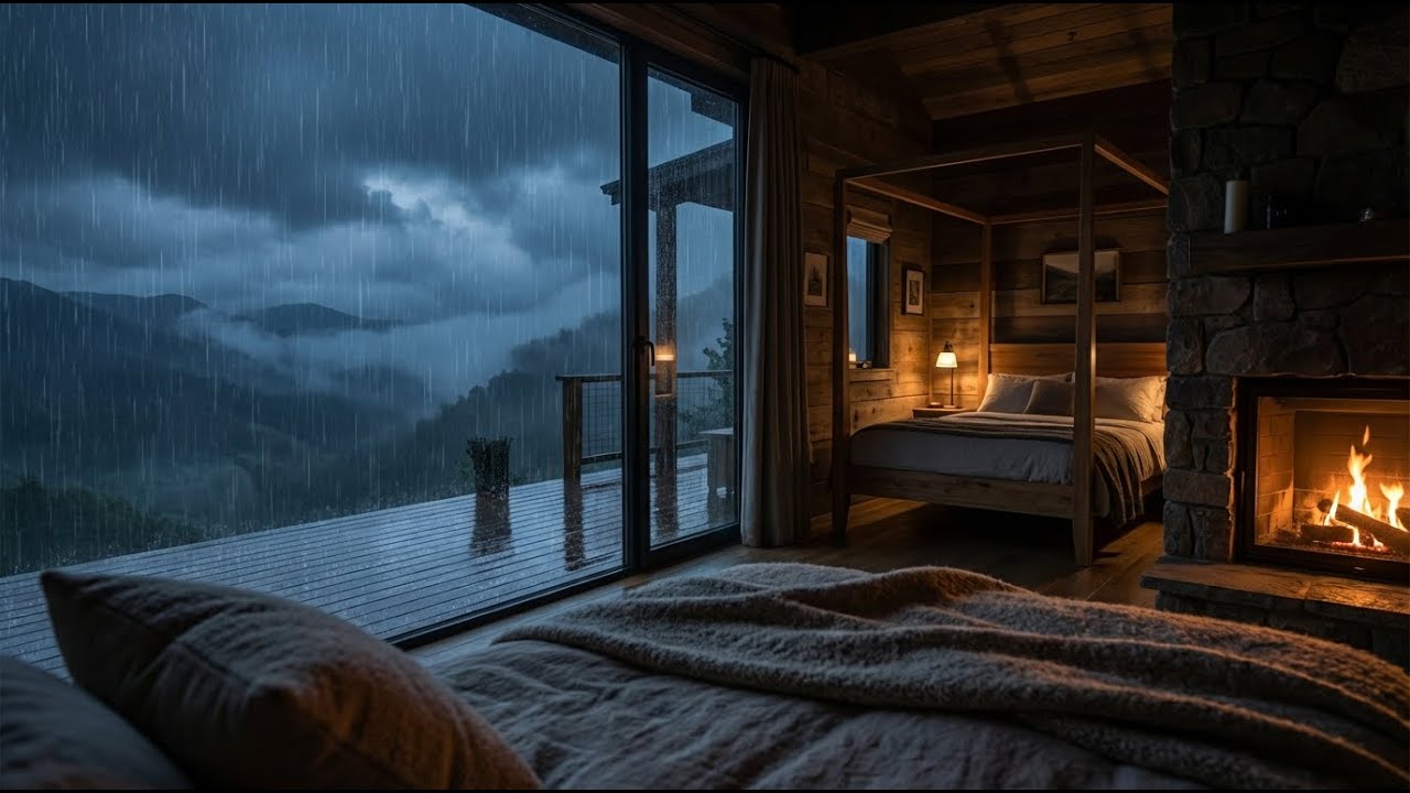 Relaxing Night:  Stormy Cliffside Ambience  Rain on Roof & Crackling Fire    }