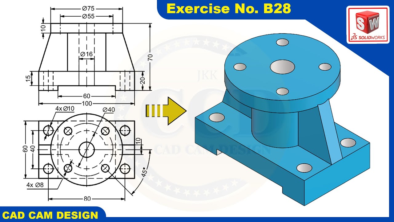 SolidWorks 2D drawing to 3D Model Tutorial  Exercise  B28