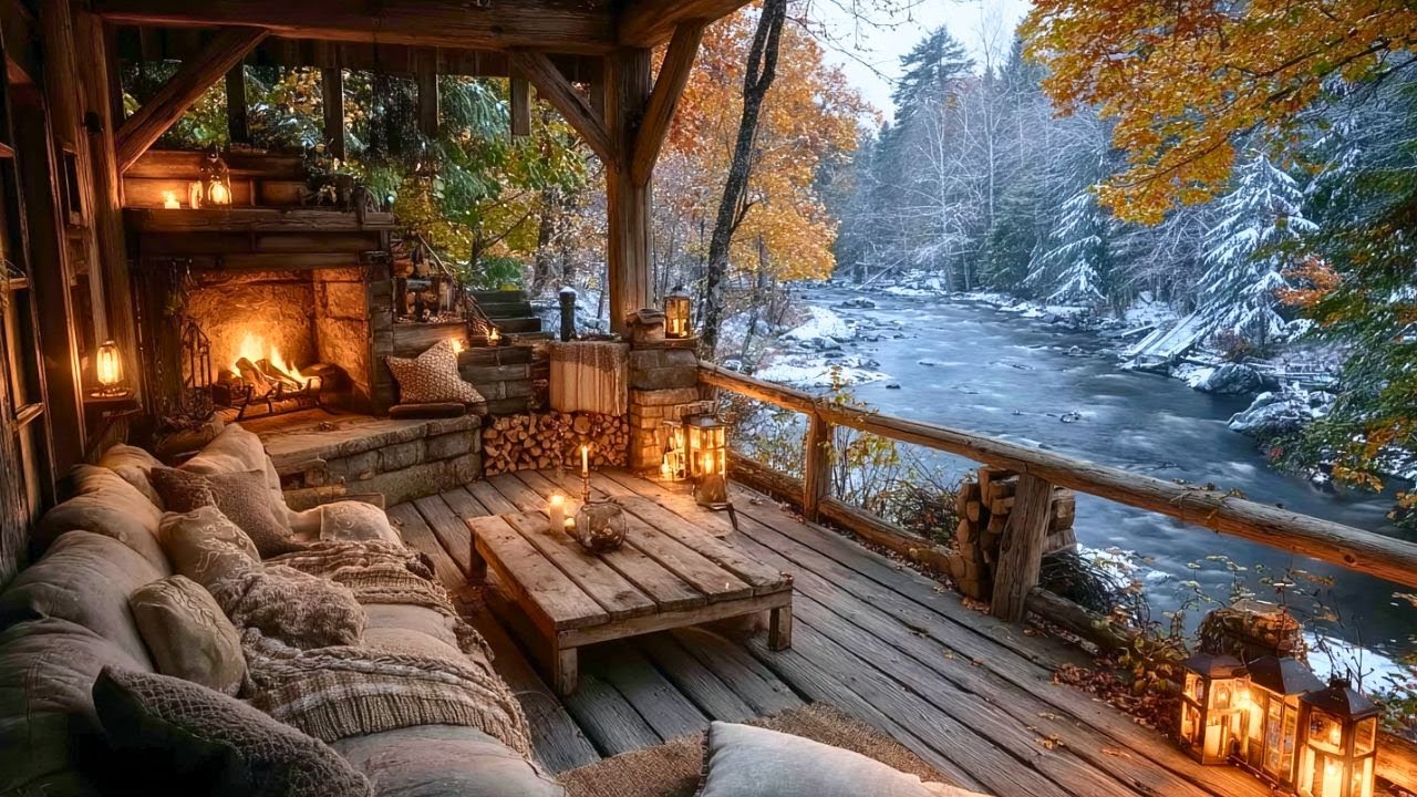Firepit & Snowfall Tranquility 🌨️ Nature Sounds for Deep Relaxation on a Winter Riverside Porch