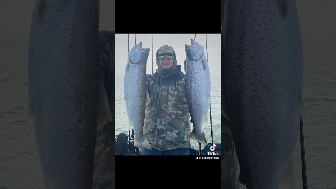 Breaking through ice to catch Lake Michigan brown trout🔥#Openwaterfishing #guidelife #febuary2024