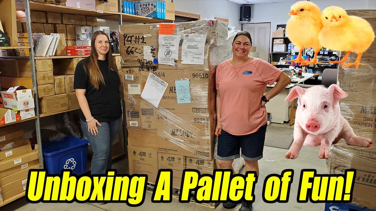 Unboxing a Pallet of Fun! with Tons of Employees - Chickens, Pigs, Roosters, Puzzles & More!