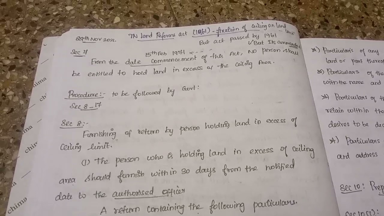 The Tamilnadu Reforms Act 1961(fixation of ceiling limit)sec7to10