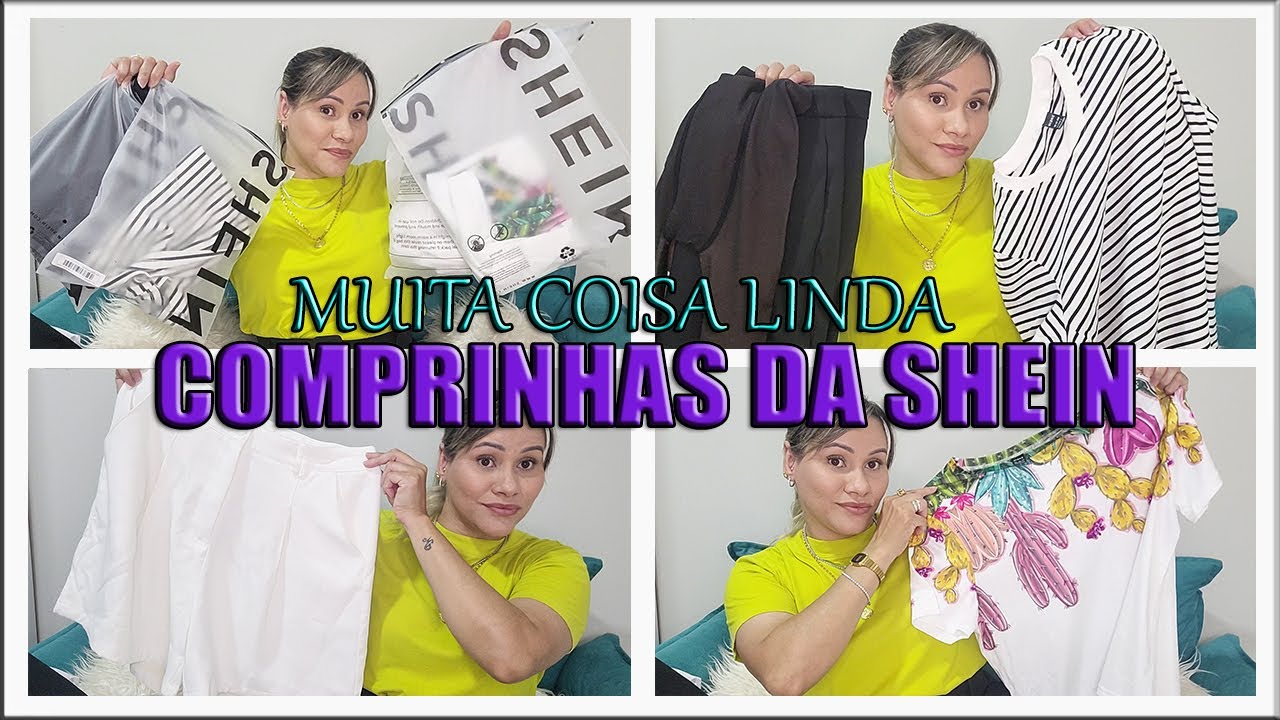 COMPRINHAS DA SHEIN: BLUSA LISTRADA CALÇA ALFAIATARIA, BERMUDA PERFEITA T-SHIRT ESTAMPADA MEIA CALÇA