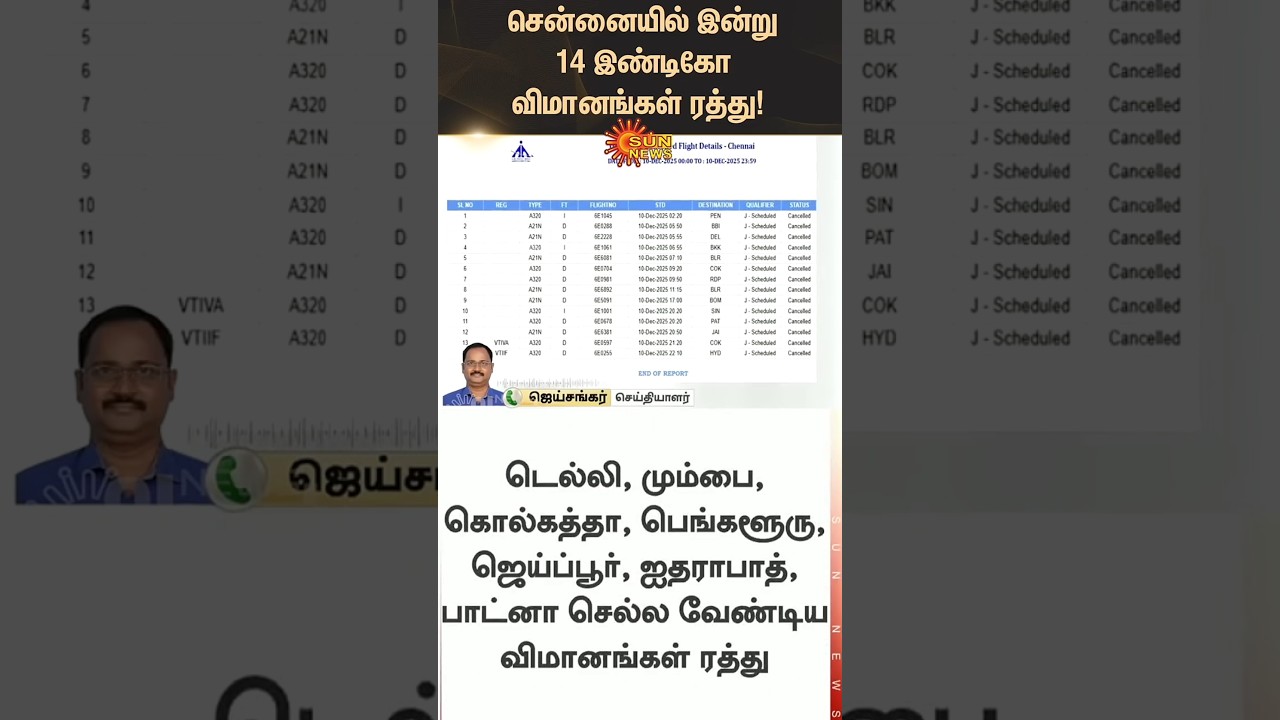 14 IndiGo flights cancelled in Chennai today | Airport | Latest News | Tamil news | Sunnews