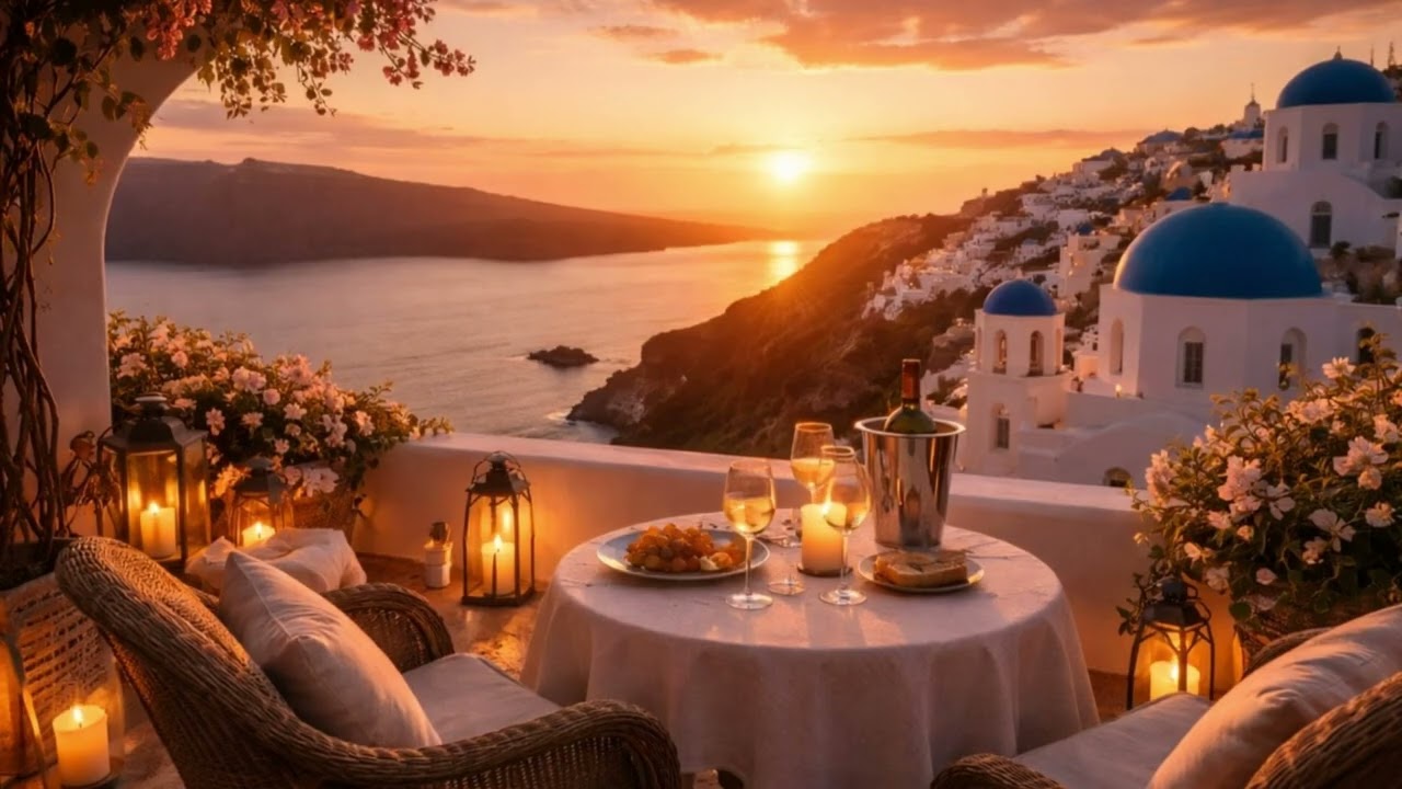 Santorini Balcony at Sunset | Ambient Atmosphere 3 Hours