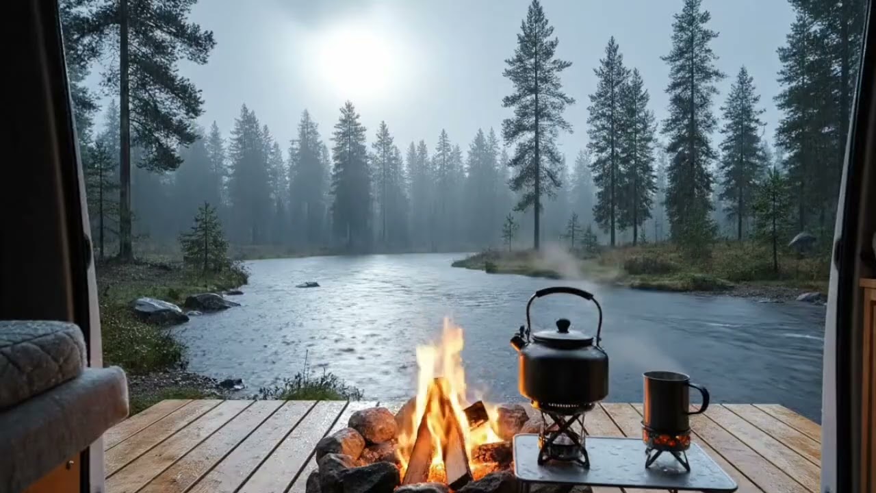 Cozy Campfire by a Rainy Forest River at Dusk | Relaxing Rain and Fire Ambience for Deep Sleep and 