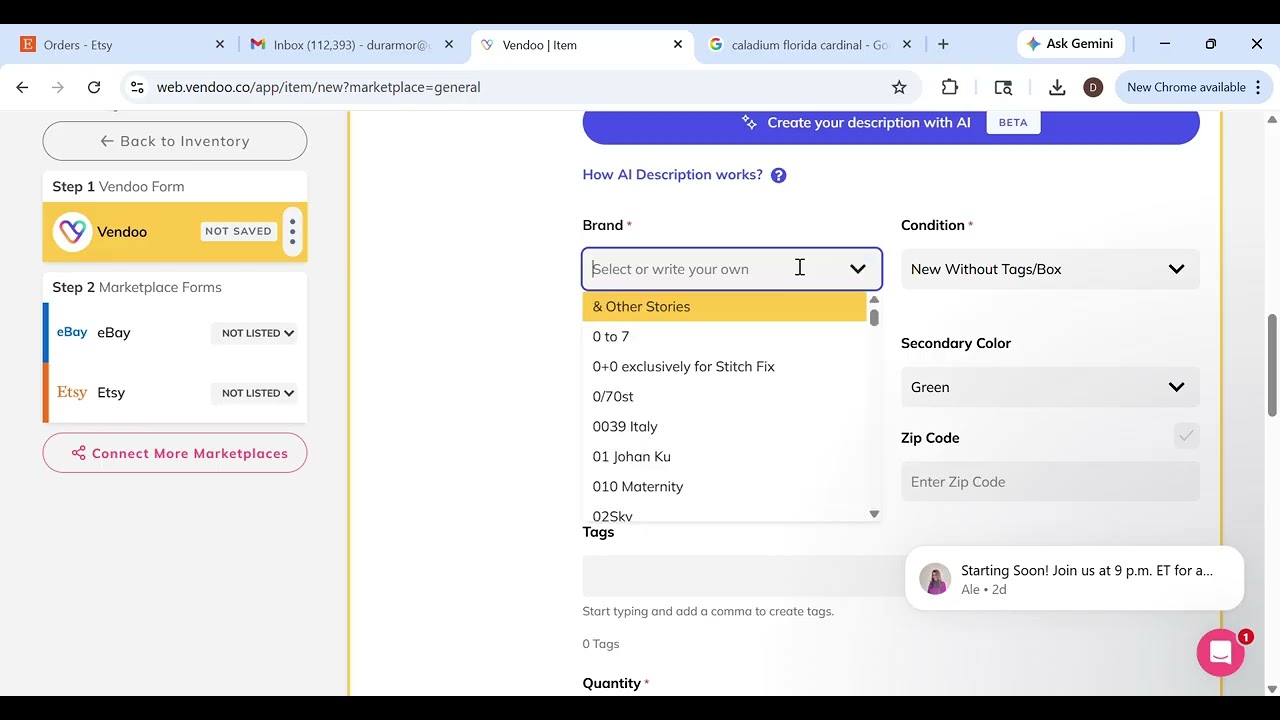 Creating New Listing for Ebay and Etsy