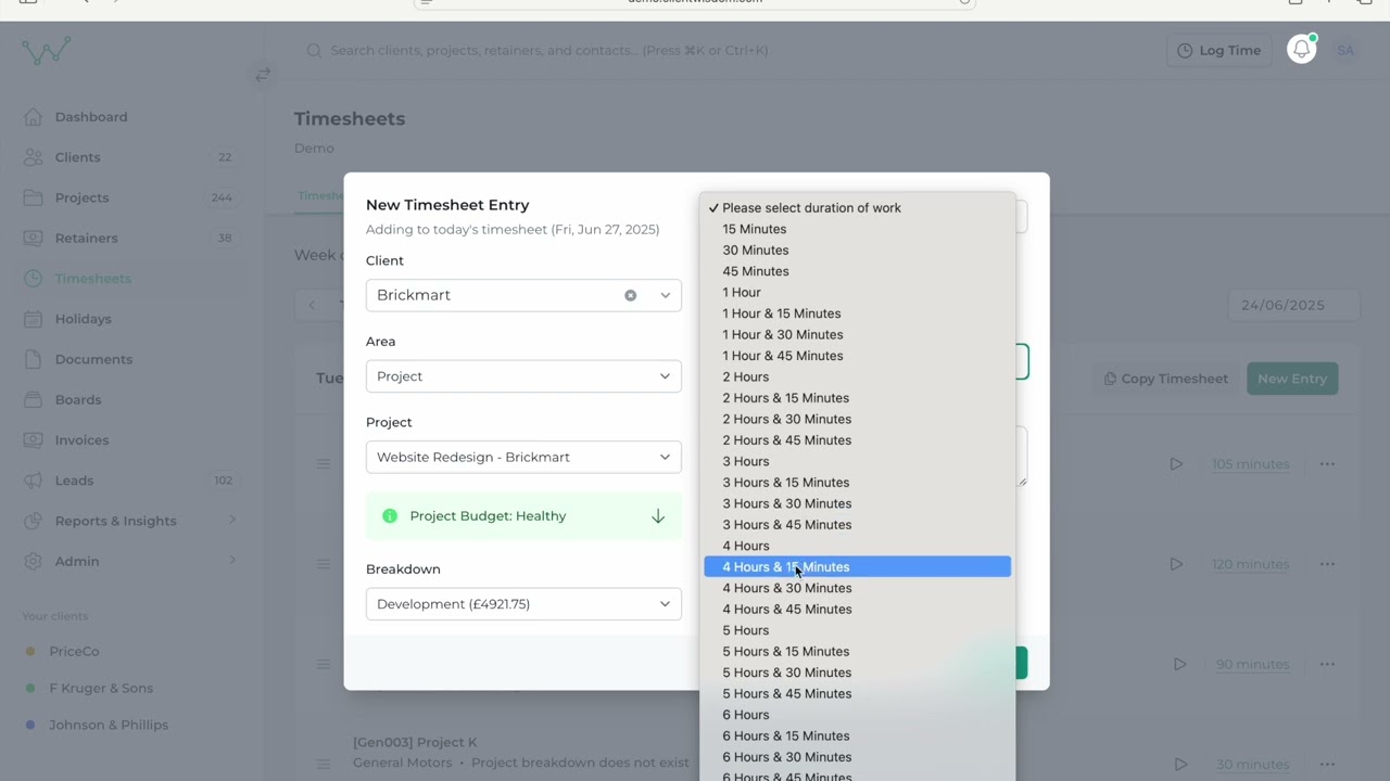 Effortless Time Tracking for Agencies | Wisdom Timesheets Demo