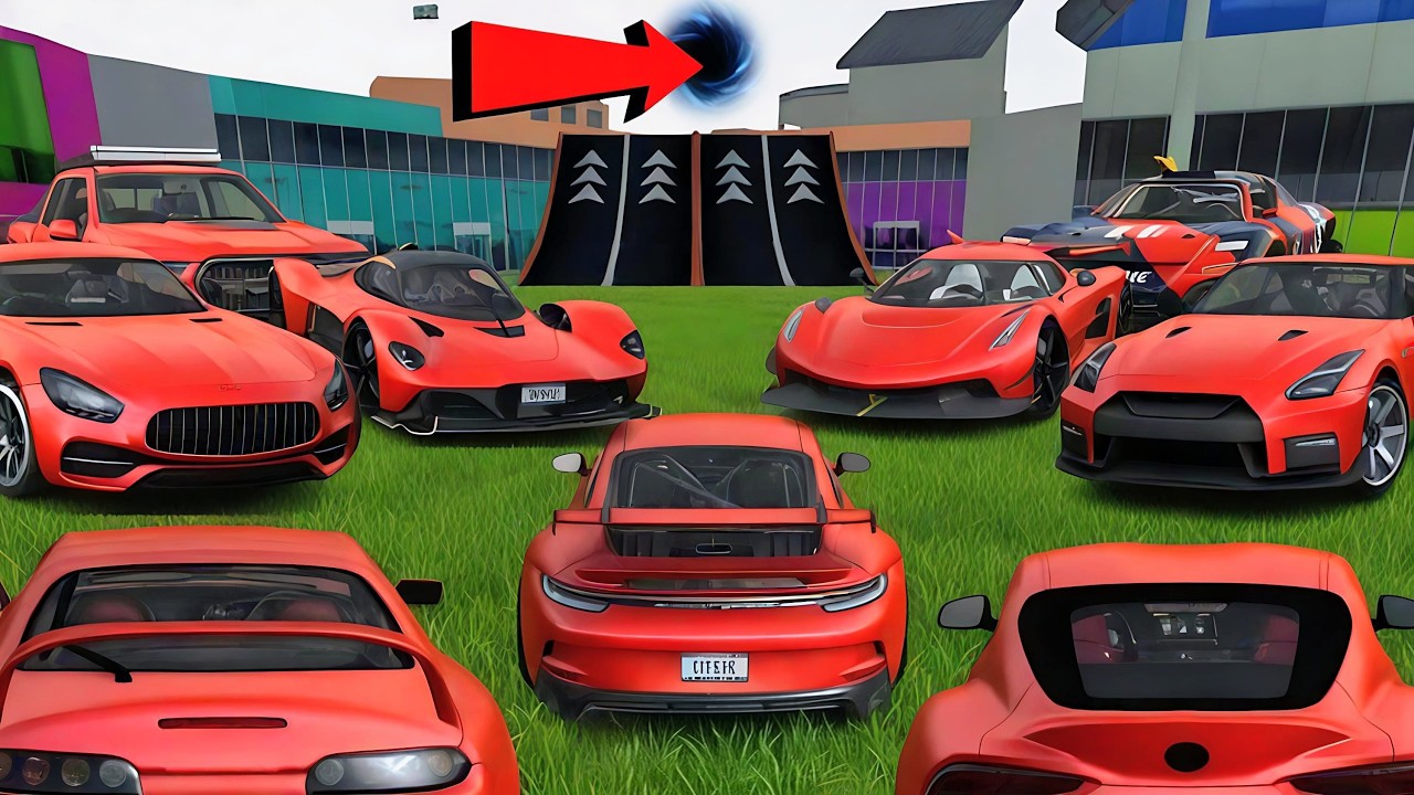 All Red SuperCars Stunts Through Ramp3 Challenge // Extreme Car  Driving Simulator // Cars Gameplay