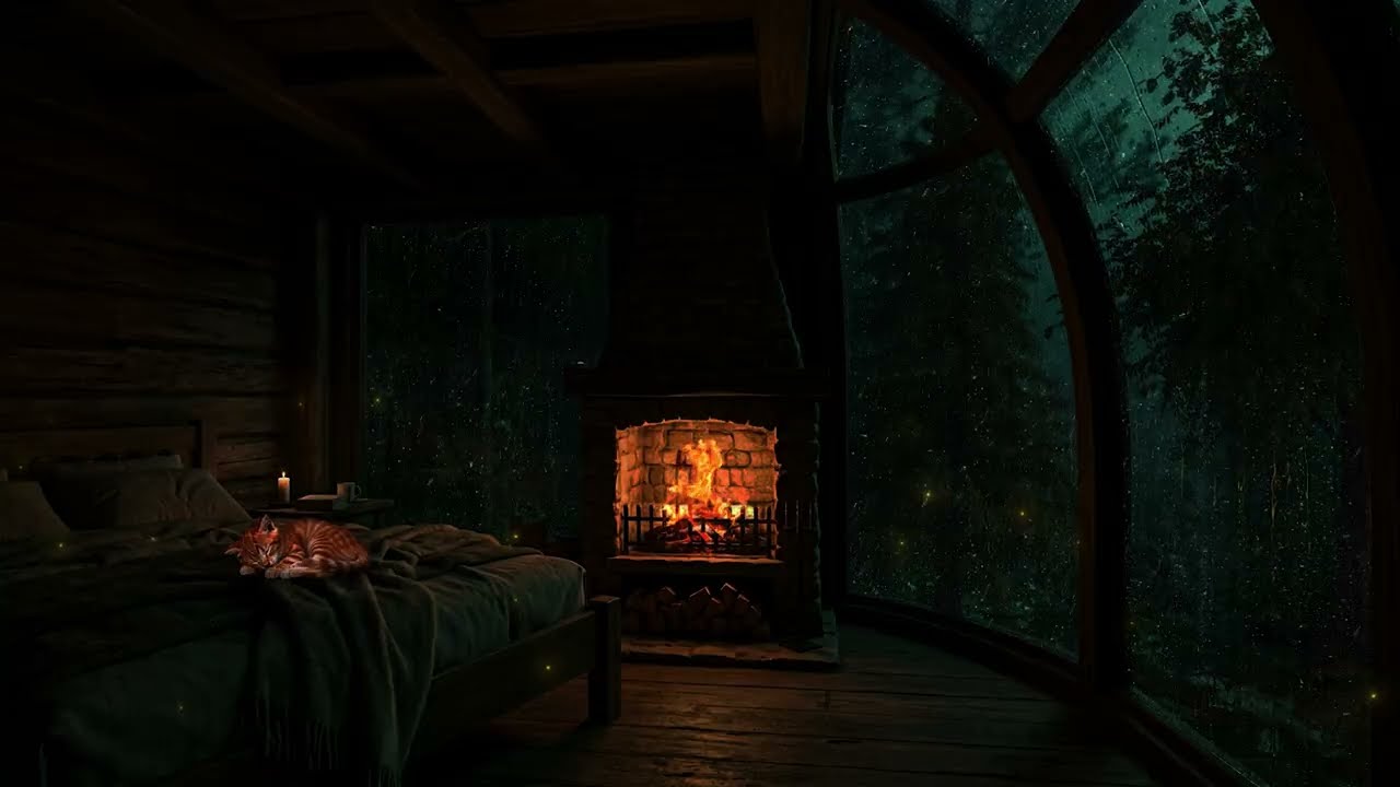 Sleep Peacefully Tonight 🌧️ Thunder Rain & Warm Fire in a Dark Bedroom