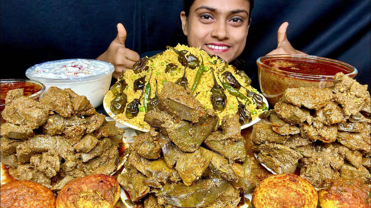 4 KG SPICY MUTTON LIVER CURRY WITH BAINGAN BIRYANI EGG CURRY RAITA EXTRA GRAVY EATING MUKBANG