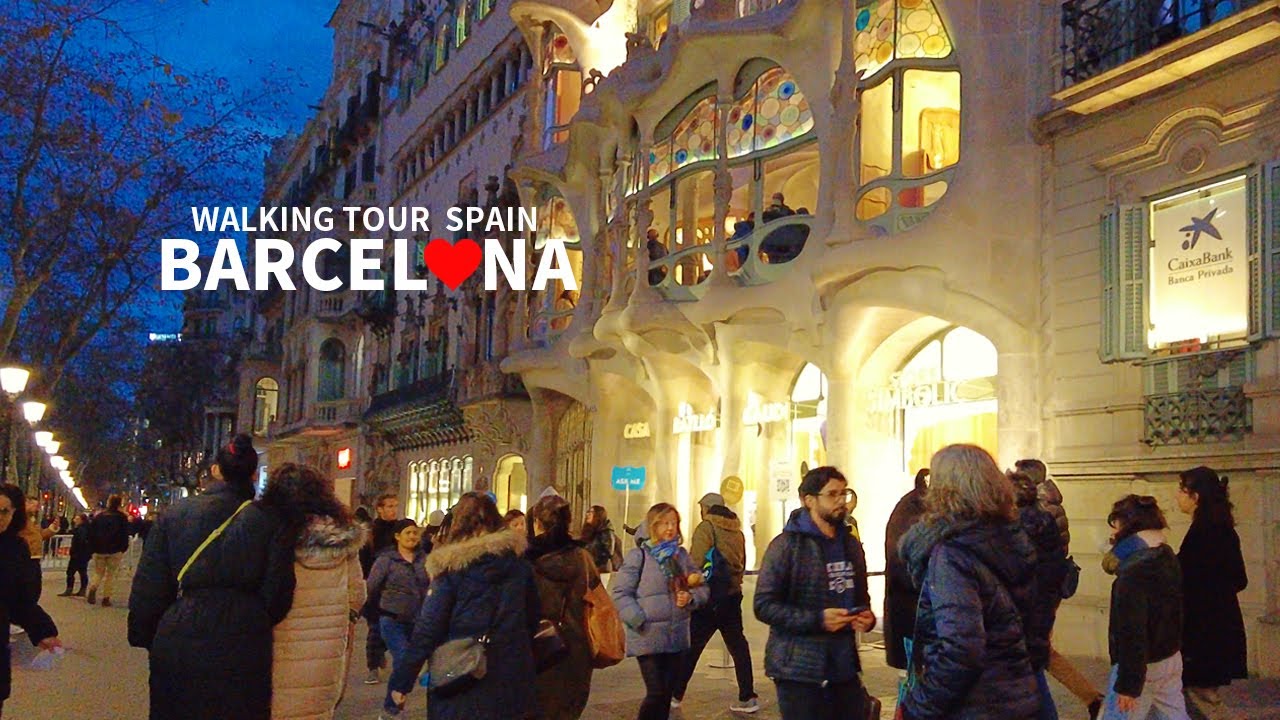 [4K] BARCELONA SPAIN - Winter Evening Walk, La Rambla, Plaça de Catalunya, Passeig de Gràcia, Travel