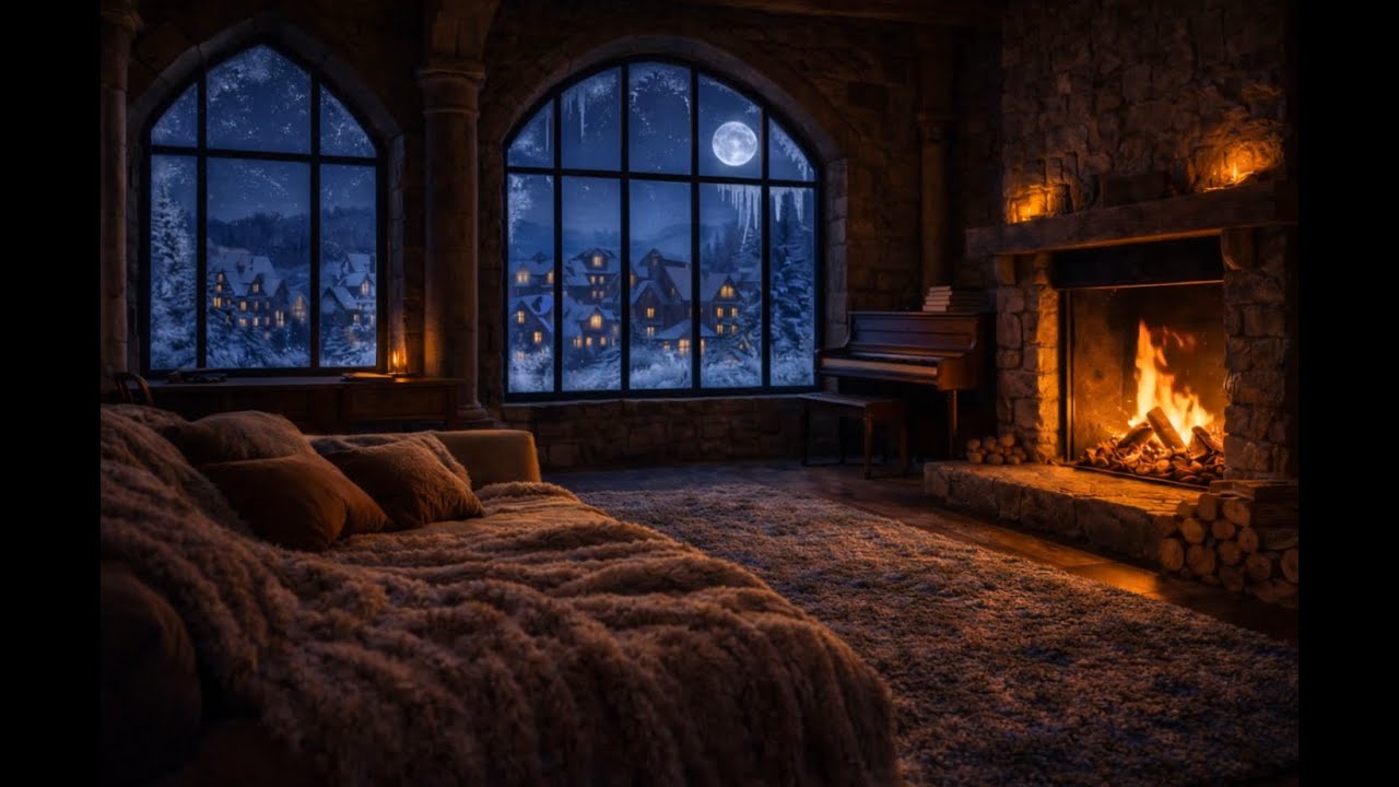 Gentle Piano Music for Deep Sleep 🌙  Cozy Fireplace Night