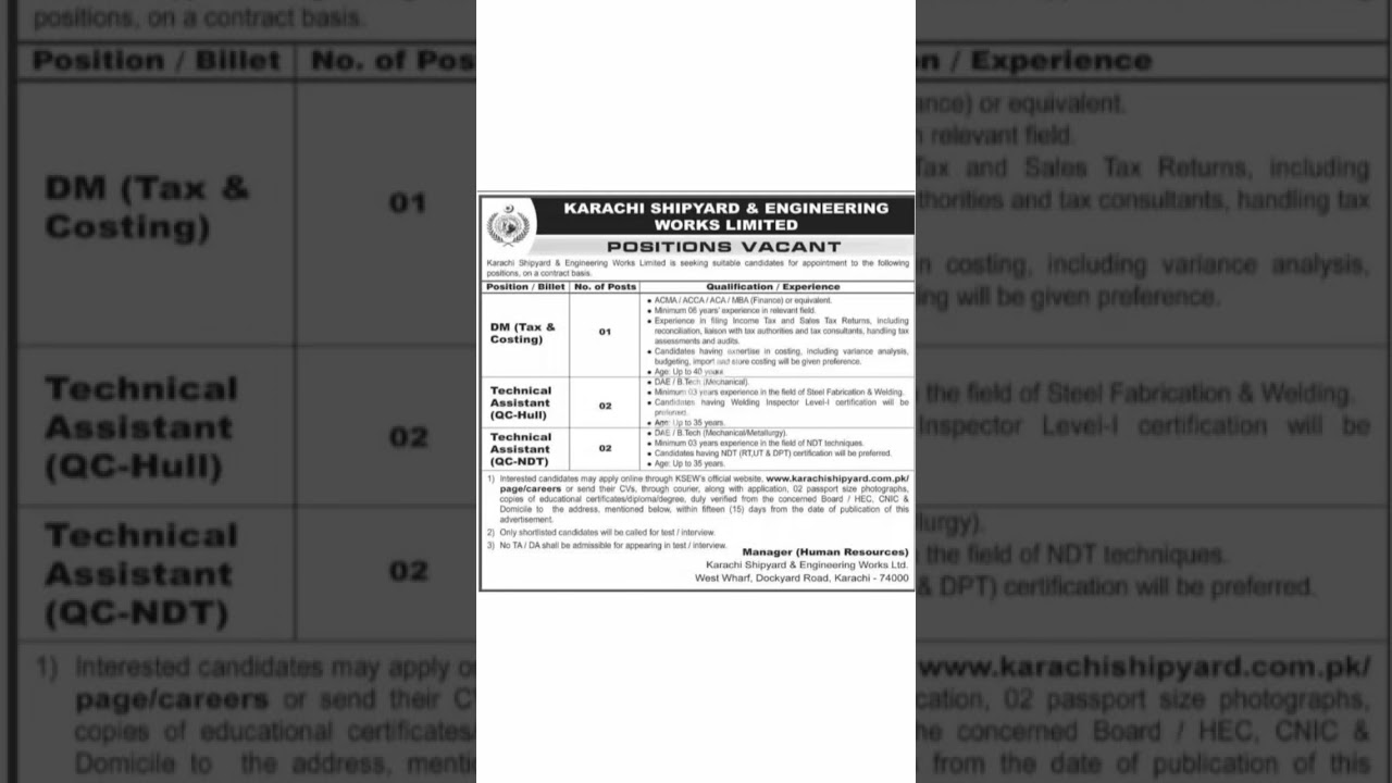 Karachi Shipyard Jobs 2026
