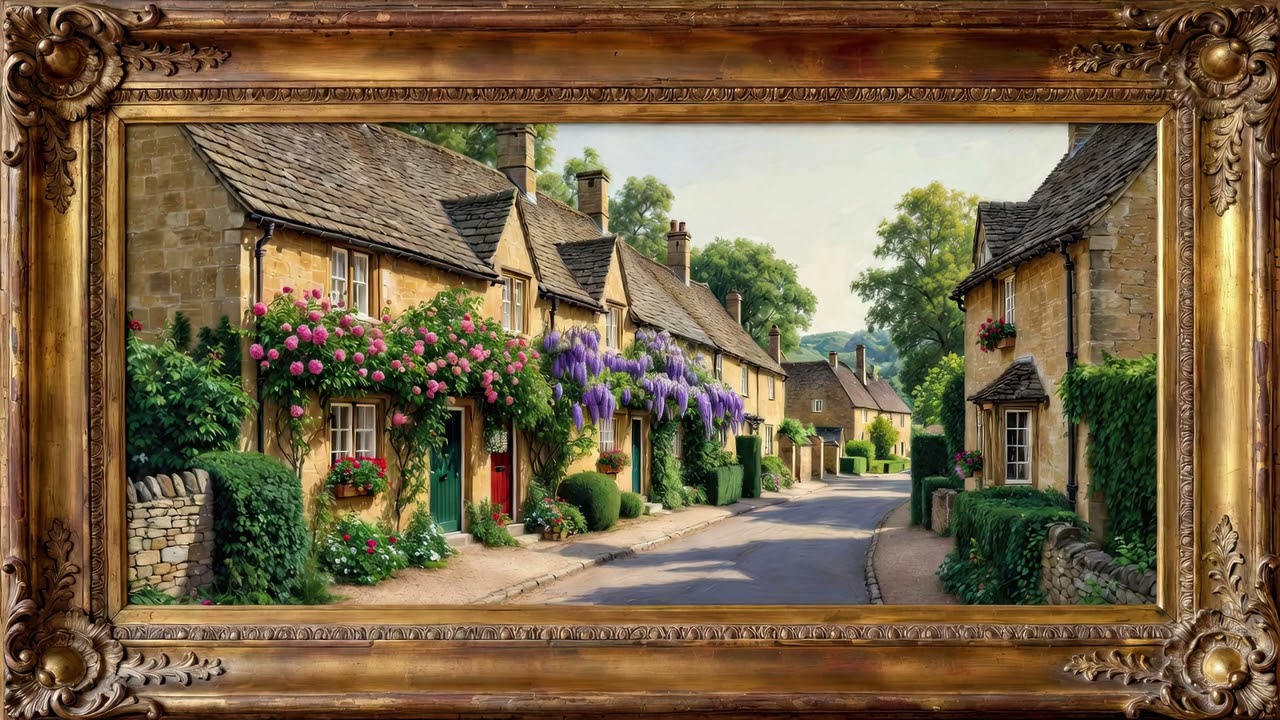 Frame TV Art - Charming English Village Painting - Framed Art With Music