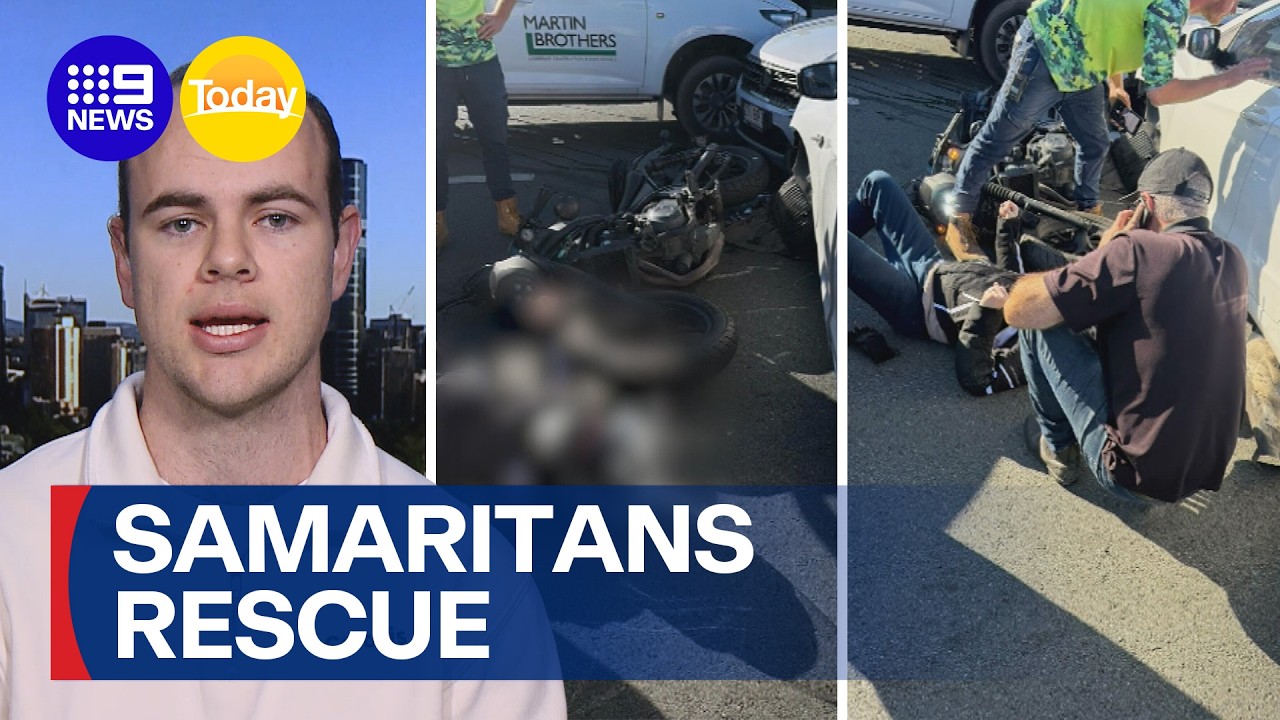 Good Samaritans rescue motorcyclist pinned under car after crash | 9 News Australia