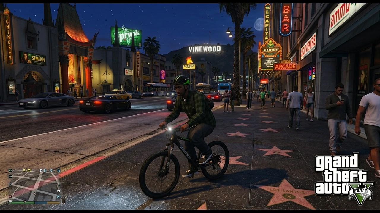 GTA V - Cycling in Road Bike Through Hollywood During a Thunderstorm (Peace Sounds)
