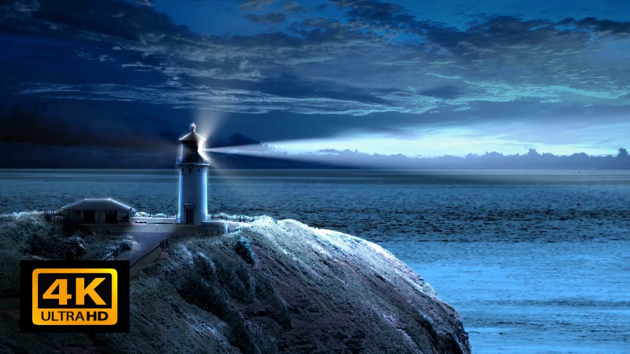 Lighthouse at Night. Calming, Soothing, and Natural Sea Sounds. 4K. Night Ocean View for Meditation.