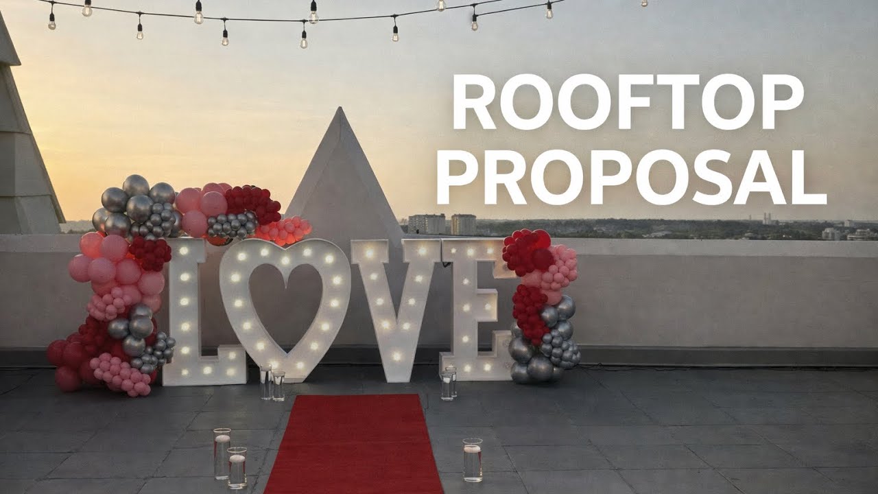 Behind the Scenes: Romantic Rooftop Proposal Setup in Orlando | LOVE Marquee & Balloon Garland