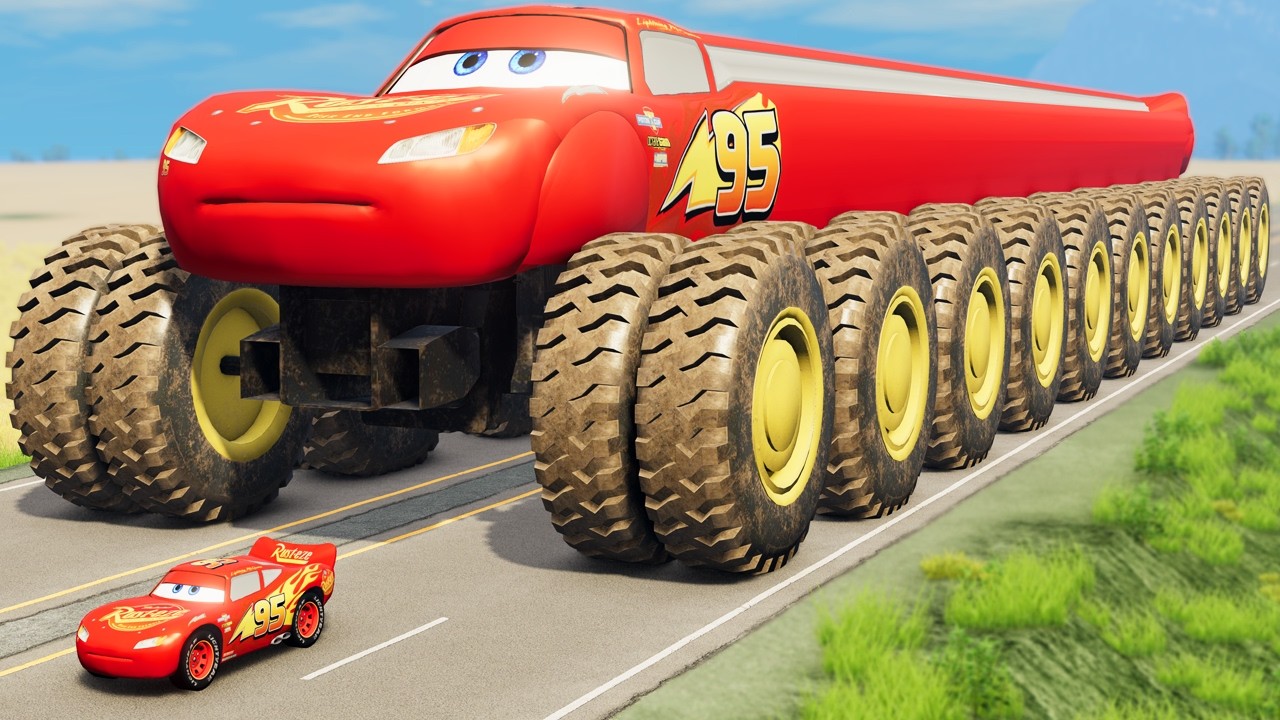 GIANT Long McQueen with HUGE TRACTOR WHEELS vs Small Lightning McQueen | BeamNG.Drive