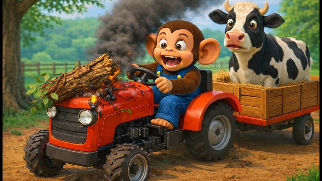 What’s Going On?! Baby Monkey Driving a Tractor on Fire, Cow in Total Shock!