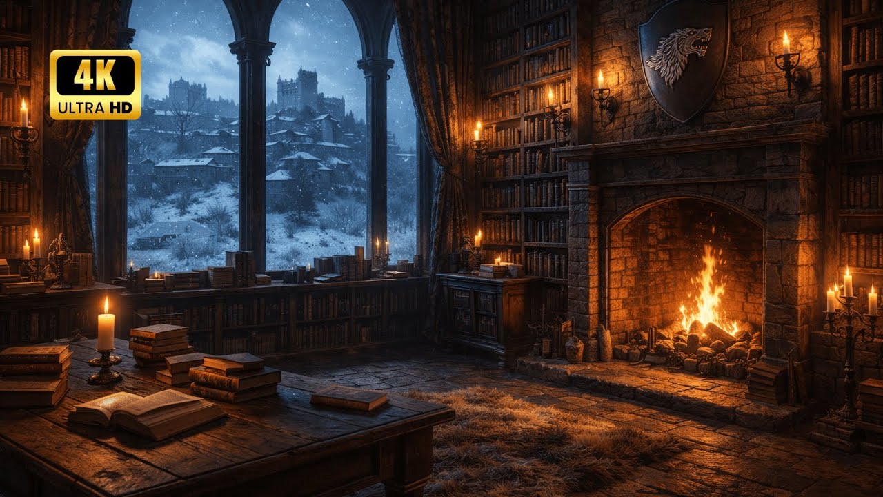Winterfell Library Ambience | Cozy Fireplace & Snowy Castle View | Relaxing 4K Atmosphere