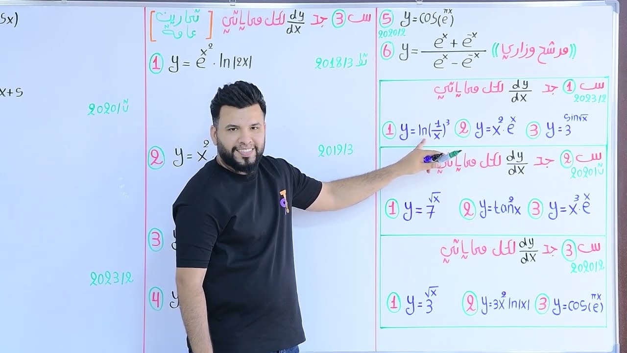 مشتقات الدوال اللوغاريتمية والأسية / محاضرة 25 / الأستاذ محمد قاسم