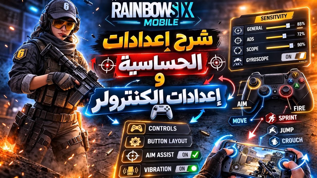 شرح وترجمة جميع إعدادات الحساسية والكونترولر في رينبو 6 موبايل 🎯 افهم كل خيار قبل ما تعدل