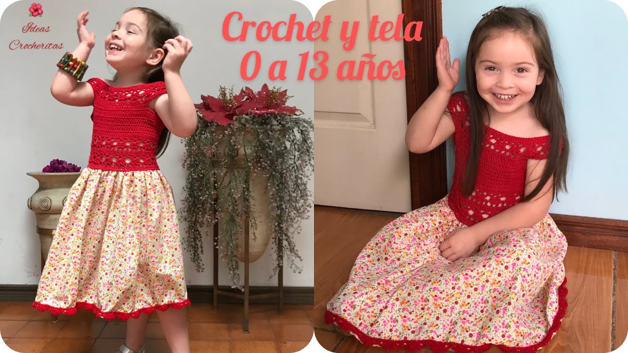 👗Vestido tejido a Crochet o ganchillo y tela/ toda talla/Crochet Dress/ girls 0-13 years/all sizes