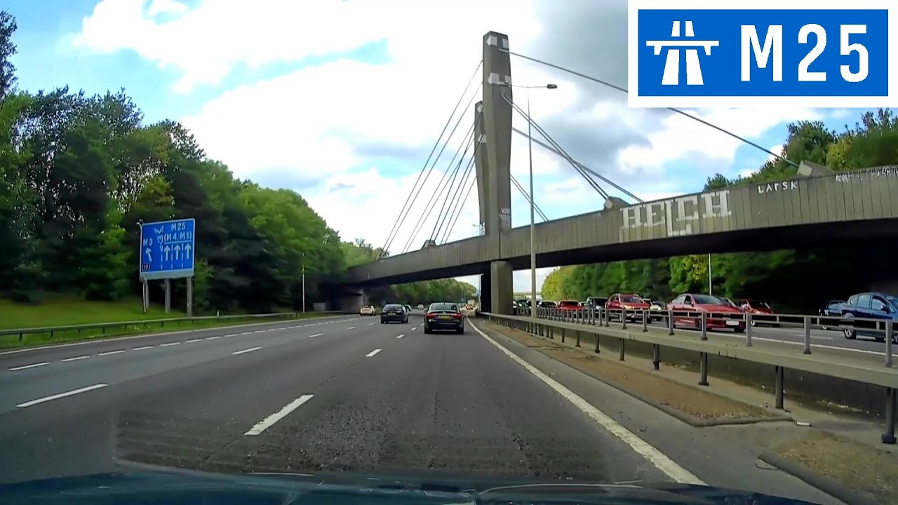 M25 London Orbital Motorway - J10 (Cobham A3) to J12 (Chertsey M3) - Heavy Traffic