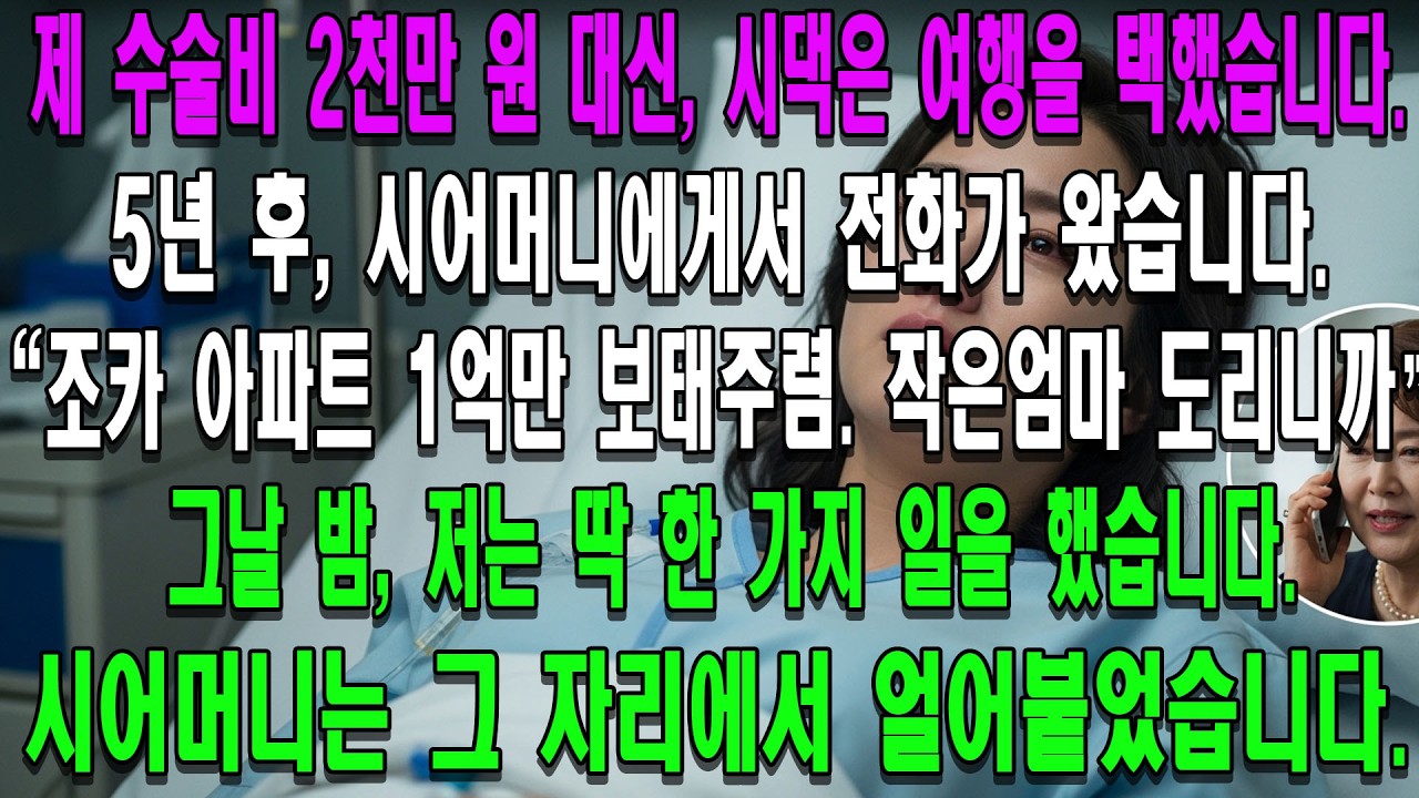 수술비 2천만 원이 없어 죽어가는데, 시댁은 전부 휴대폰을 끄고 여행을 갔습니다. 5년 후, 시어머니에게서 전화가 왔습니다. 