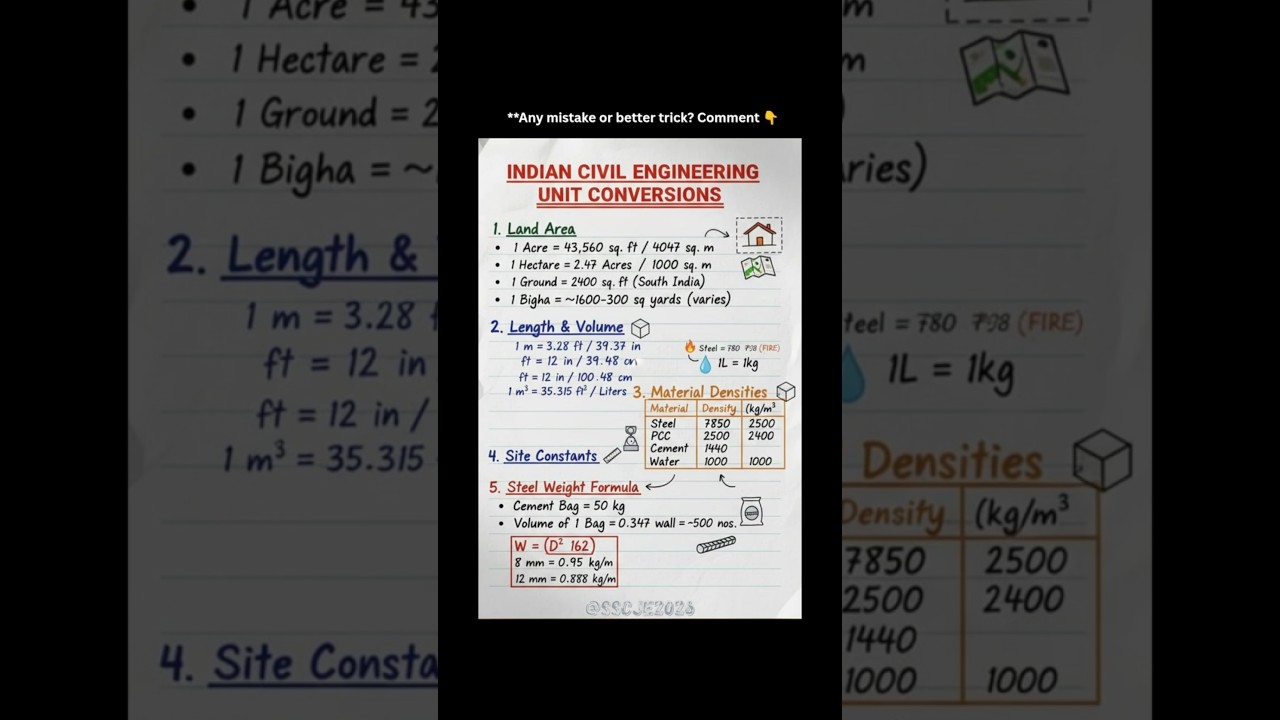 Indian Civil Engineering Unit Conversions | SSC JE Short Notes 🔥