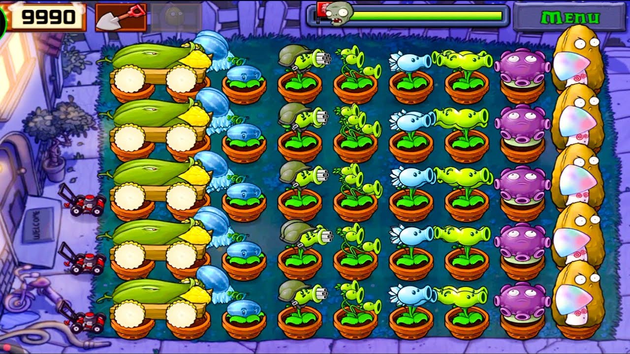 Plants Vs zombies Survival Night Cob Cannon+Gatling Pea+Gloom Shroom+Split Pea Vs All Zombies 