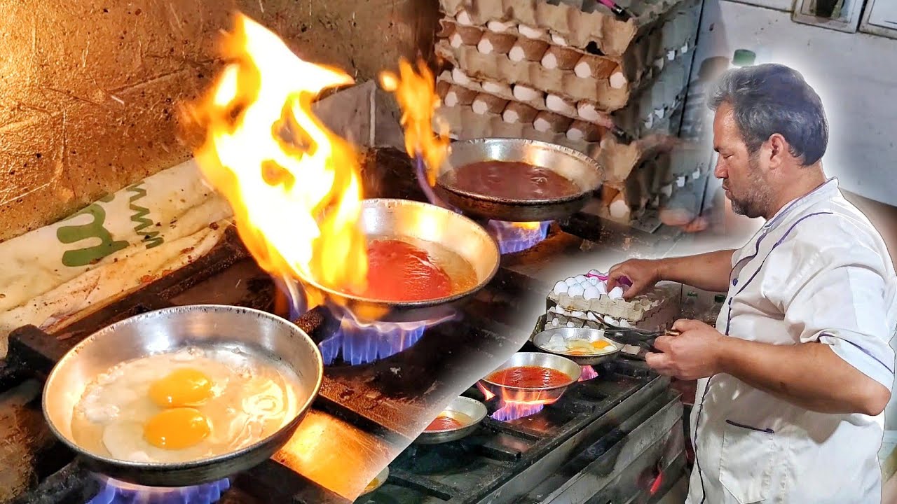 This hardworking man made Oldest style breakfast  street food  Persian food  omlet  Iran  yummy
