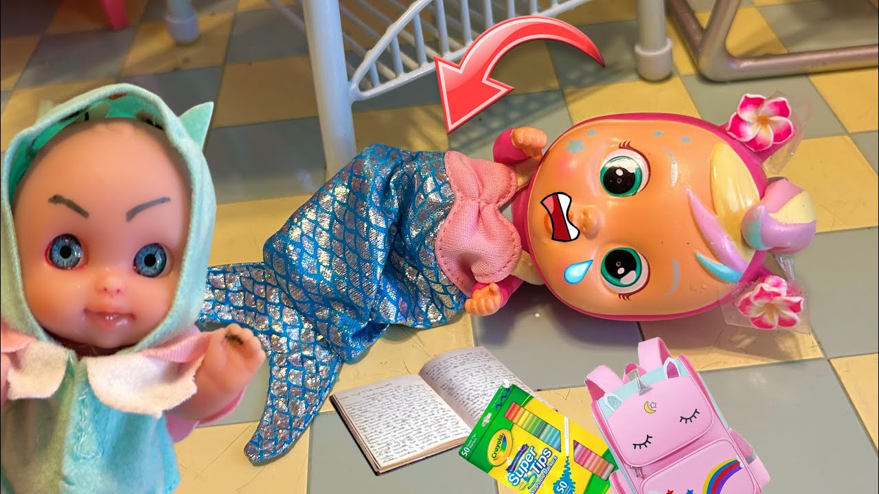 Crybaby Mermaid doll First day of School! 😢 Mean girl?!