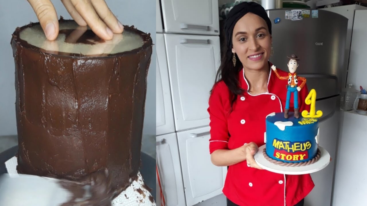BOLO TOY STORY WOODY- FIZ A BLINDAGEM DO MEU BOLO COM GANACHE-RAFA DOCE COM AMOR