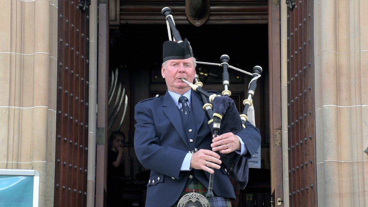 Pipe Major Ian Duncan playing The Atholl Highlanders at Blair Castle in Perthshire, Scotland in 2021