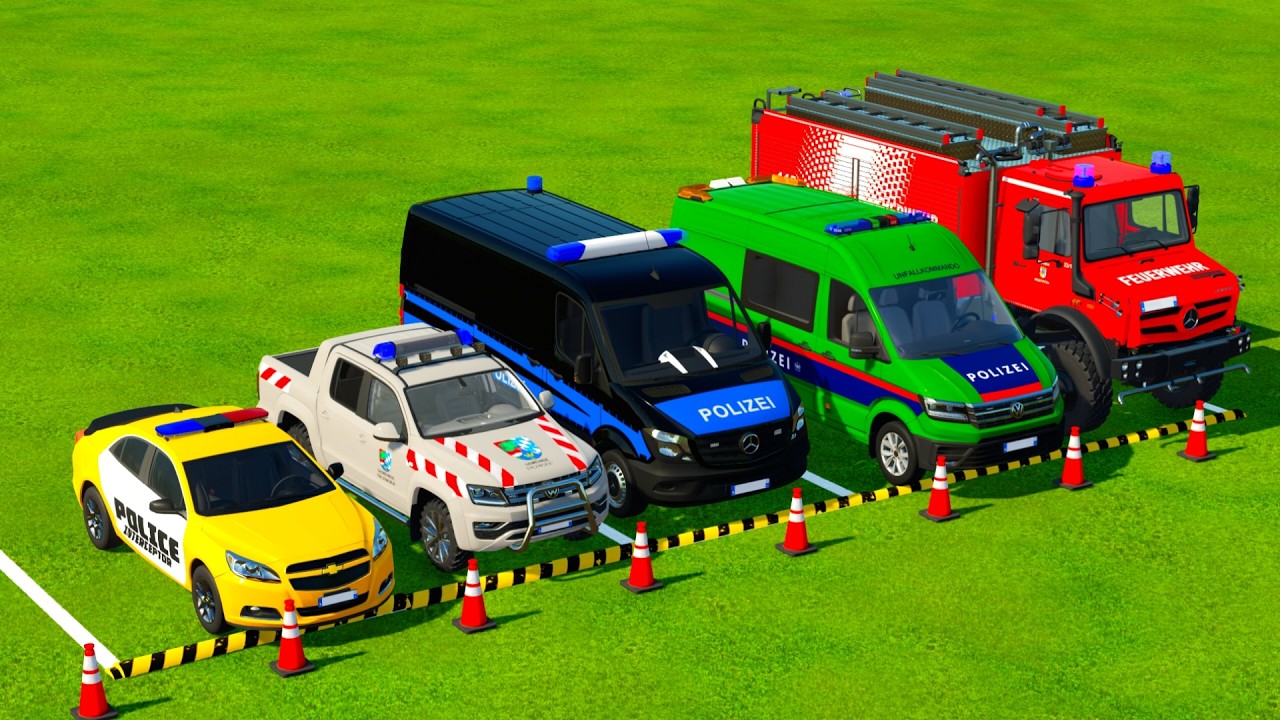 TRANSPORTING POLICE CARS, MCQUEEN CAR, AMBULANCE EMERGENCY CAR WITH TRUCKS ! Farming Simulator 22