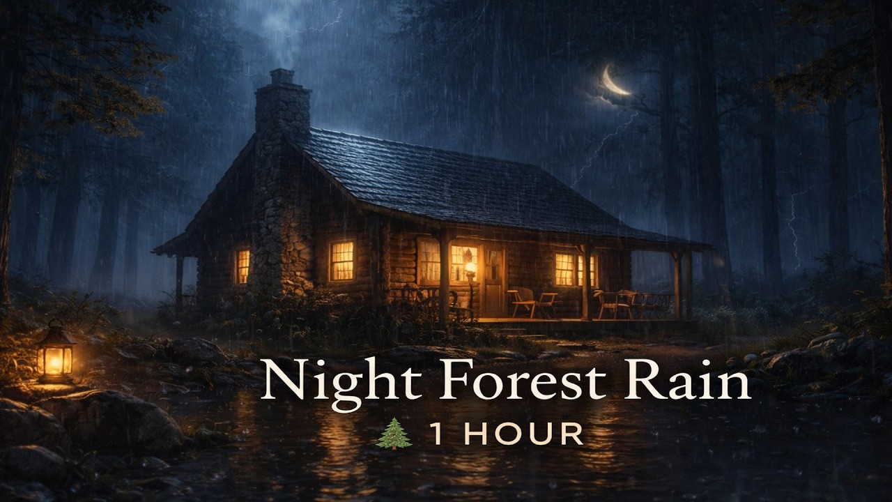 🌲 Night Forest Rain with Distant Thunder 🌙 1 Hour Cozy Cabin