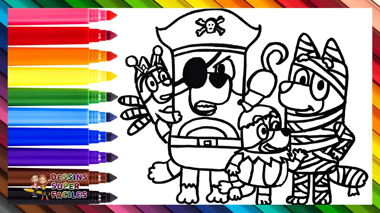 Dessine et Colorie Bluey et sa famille pendant Halloween 🐶🧛🎃🕷️🦇 Dessins pour enfants