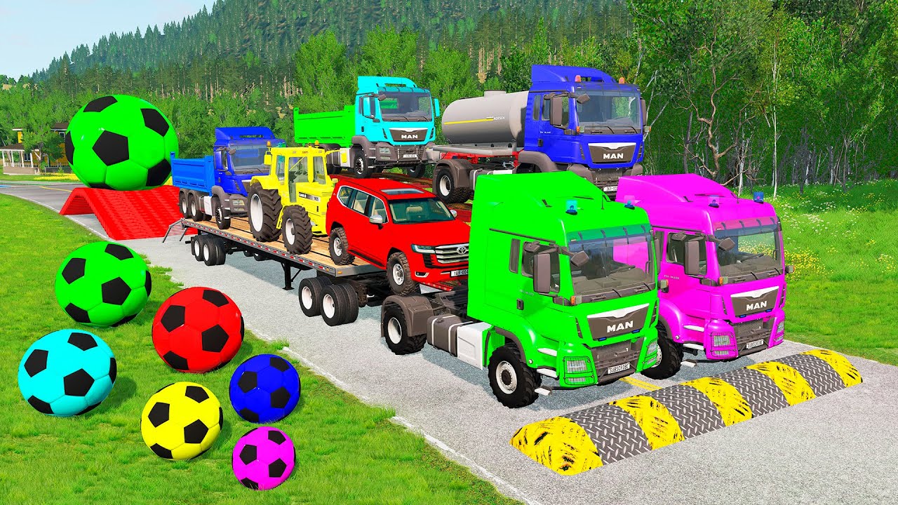 Flatbed Trailer McQueen Transportation with Truck - Speedbumps vs Cars vs Train - BeamNG.Drive #13