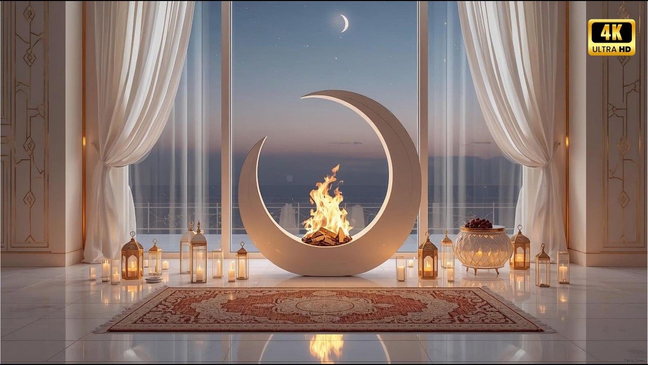 Ramadan Moon Fireplace 4K 🌙🔥 | شومينيه هلال رمضان وأجواء روحانية فاخرة
