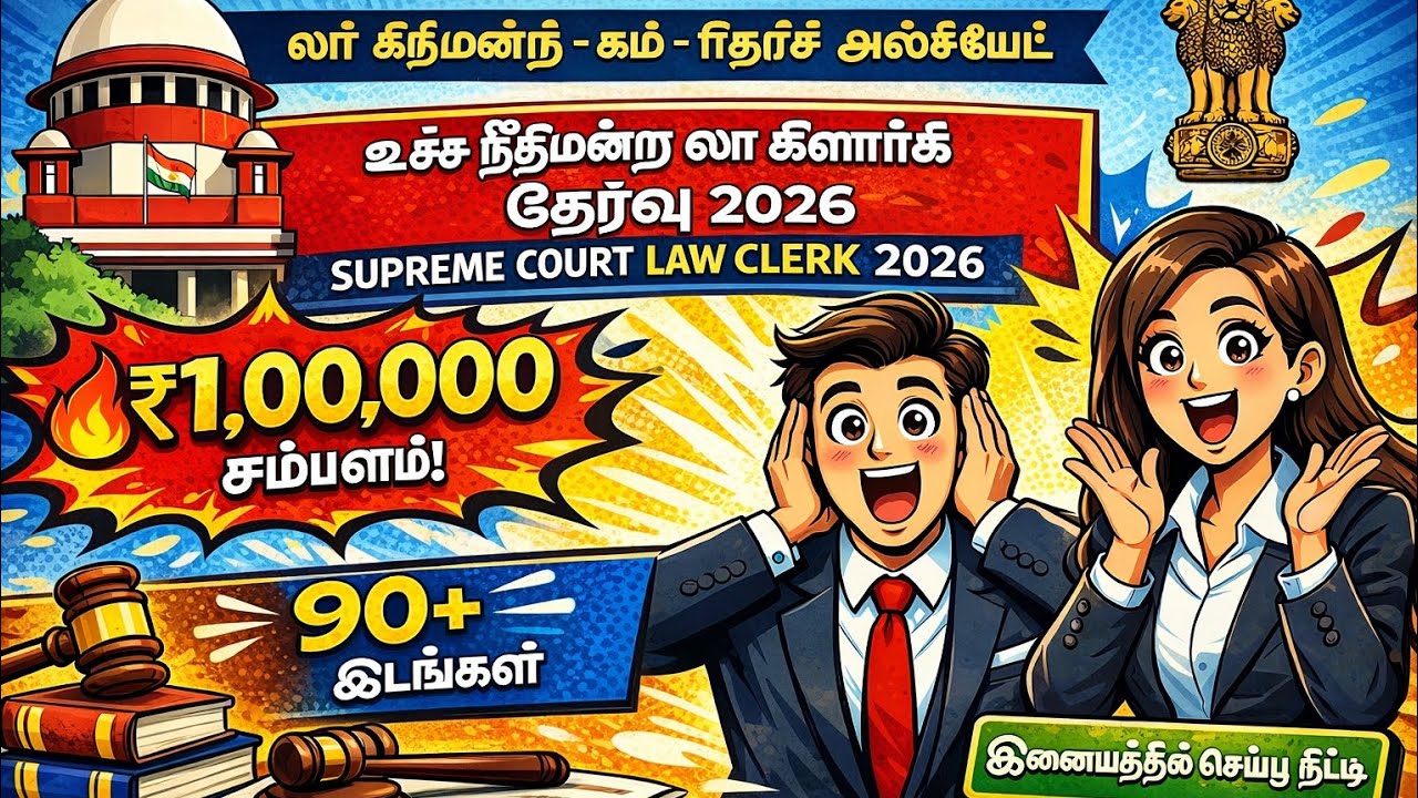 உச்ச நீதிமன்ற Law Clerk அறிவிப்பு 2026 | ₹1 லட்சம் சம்பளம் | தகுதி, தேர்வு விவரம்