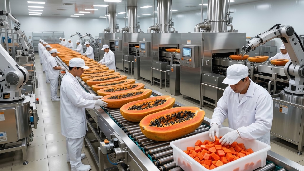 Bên trong Nhà máy Chế biến Đu đủ Hiện đại: Từ Nông trại đến Món tráng miệng (Toàn bộ Quy trình)