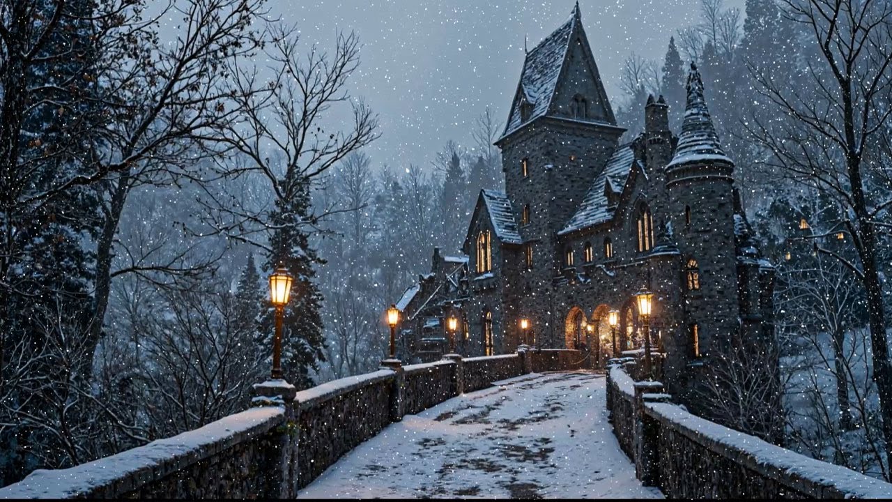 Snowfall at the Gothic Castle Entrance | Dark Academia Night Ambience for Reading, Working