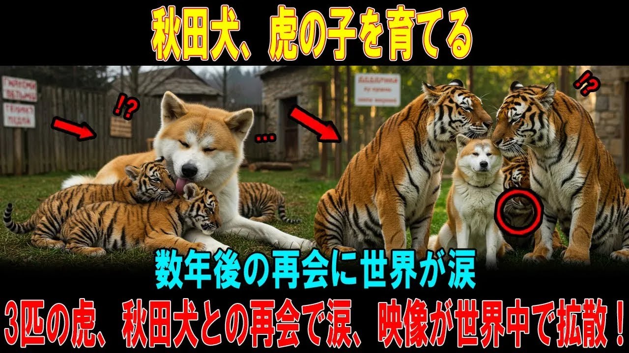 【奇跡の実話】秋田犬に育てられた3匹の虎の子…数年後に起きた“涙の再会”に世界が感動！#海外の反応  #海外の話 #海外の感動話  #秋田犬