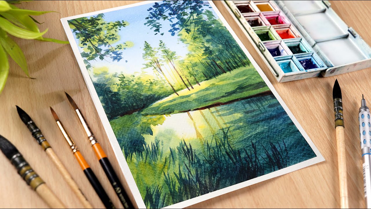 Beautiful Watercolor painting for beginners Green Lake at Sunshine landscape